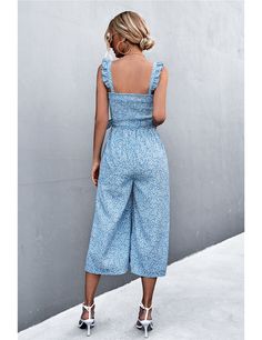 Light Blue Floral Print Pocket Wide Leg Jumpsuit Wide Cropped Pants, Boho Jumpsuit, Floral Print Jumpsuit, Jumpsuit Casual, Women Overcoat, European Women, Printed Jumpsuit, Dress Size Chart, Ditsy Floral