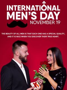 the international men's day flyer features a man and woman holding roses