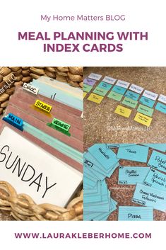 the meal planner with index cards is shown in front of a basket full of food