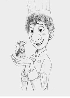 a drawing of a boy holding a mouse