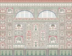 an intricately designed wallpaper in pink, green and white with ornate designs on it