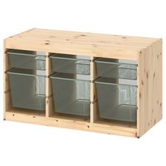 a wooden shelf with four bins and mesh baskets