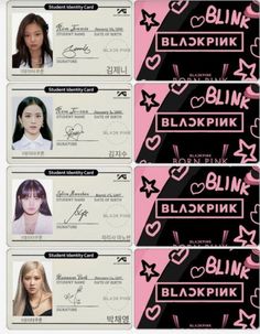 four id cards with different types of hair and makeup items on them, all in pink