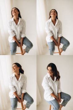 four photos of a woman sitting on a chair smiling and posing with her legs crossed