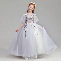 Modest / Simple Lavender Flower Girl Dresses 2019 A-Line / Princess Scoop Neck 1/2 Sleeves Appliques Lace Pearl Floor-Length / Long Ruffle Wedding Party Dresses Pageant Dresses For Women, Lavender Flower Girl Dress, Wedding Bridesmaids Dresses, Long Frocks For Girls, Fluffy Dress, Dresses Lavender, Lavender Bridesmaid Dresses, Pageant Wear, Girls Communion Dresses