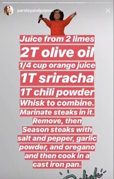 an advertisement with the words juice from 2 lines, 21 olive oil, 17 cup orange juice and 11 sriraca powder