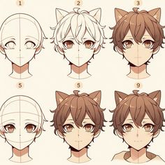 how to draw an anime character's head with different hair styles and facial expressions