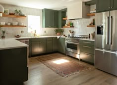 a kitchen with stainless steel appliances and green cabinetry, including an area rug on the floor