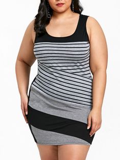 Plus Size Striped Tight Tank Dress - Gray - 3S62512515 - Women's Clothing, Plus Size Women's Clothing  #PlusSizeWomensClothing #Women's #Clothing # #Plus #Size #Women's #Clothing Homecoming Dresses Modest, Striped Tank Dress, Dresses Fall, Plus Size Gowns, Plus Size Bodycon Dresses, Plus Size Bodycon, Dress Homecoming, Dresses Modest, Fitted Mini Dress