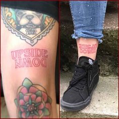 two different tattoos on the same person's leg and one with an upside down tattoo