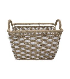 a large woven basket with handles on the front and sides, in white and beige