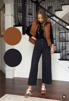 Wide Cropped Pants Outfit Winter, Wide Cropped Pants Outfit, Brown Leather Vest Outfit, Brown Puffer Vest Outfit, Modest Womens Fashion, Brown Shoes Outfit, Cute Outfits For Work, Cropped Pants Outfit, Wide Cropped Pants