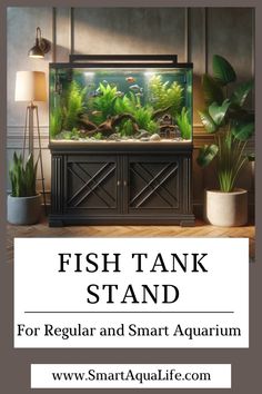 the fish tank stand for regular and smart aquariums is shown with plants in it