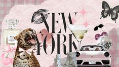 a collage of various items including a leopard, car and butterflies