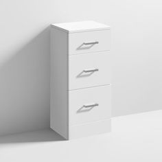 an empty white cabinet with three drawers