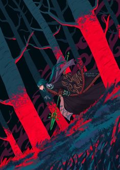 an illustration of a woman walking through the woods in front of red and black trees