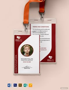 two id cards with lanyards attached to them on a red and white background