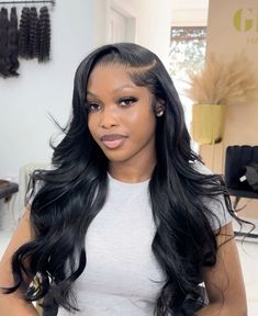 Wand Curled Wig, Side Part Wig With Layers And Curls, Side Part See In Leave Out With Curls, Side Part Bouncy Curls, Left Side Part Wig, Jet Black Side Part Frontal Wig, Side Part Jet Black Wig, Side Part Sew In Hairstyles, Side Part Frontal Wig With Curls