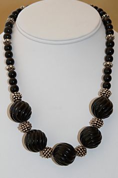 "These most unusual Black Scrolled Oynx Beads set off Large Wonderful Bali Sterling Silver Accent Beads. The Necklace measures 17\" Long and has an easy to wear Sterling Silver Toggle Clasp. This is a Necklace can be worn with any Neckline and with any Color Outfit." Beaded Dangle Necklace, Every Day Necklace, Large Bead Necklace, Black Onyx Necklace, Black Bead Necklace, Dangle Necklaces, Onyx Necklace, Chunky Jewelry, Red Bracelets