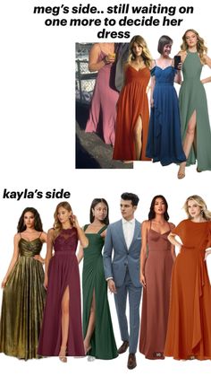 four different types of dresses with the same woman in each dress and one man wearing a suit