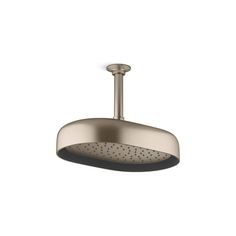 an overhead shower head in brushed steel