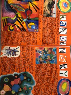 an orange book with many different pictures and words written on the front cover, along with other art related items