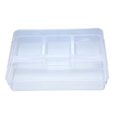 an empty plastic container with compartments and dividers