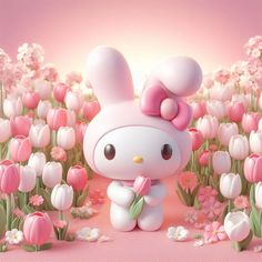 a hello kitty is standing in the middle of tulips and holding a flower