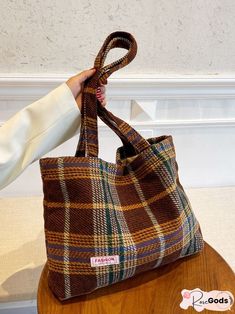 Type:Shoulder Tote BagUnit:pieceQuantity:1 pieceMaterial:Fabric Tweed Bag Outfit, Ropa Upcycling, Patchwork Tote Bags, Plaid Tote Bag, Tweed Bag, Winter Bags, Diy Bags Purses, Women's Bags By Shape, Diy Tote Bag