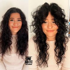 Long Curly Hair with Soft Curtain Bangs 70s Haircuts, Soft Curtain Bangs, Long Curly Haircuts, Bangs Ideas, Long Shag Haircut