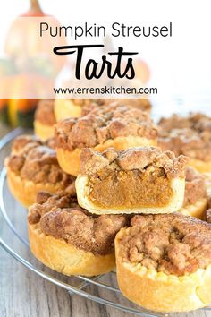 pumpkin streusel tarts on a wire rack with the title in the middle