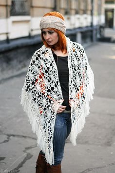 This OOAK crochet shawl is an instant sophistication of your casual look or for an evening out. Hand crocheted in soft half-woolen yarn of beautiful milk white color with exquisite flower pattern, this lace shawl is light as feather and has a luxurious feeling when wrapped around your shoulders or draped around your neck. This awesome shoulder wrap is great for a bride to cover her shoulders. This gorgeous handmade shawl wrap will make an excellent Mothers day gift for women, it arrives gift-... White Bohemian Winter Shawl, Handmade Lace Shawl In White, Handmade White Lace Shawl, White Crochet Shawl For Winter, Winter White Crochet Shawl, White Crochet Lace Shawl, Elegant White Crochet Lace Shawl, Elegant White Shawl With Crochet Lace, White Lace Bohemian Shawl