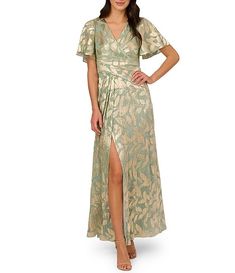 Adrianna Papell Foiled Leaf Print Surplice V-Neck Short Flutter Sleeve Gown | Dillard's Draped Gown, Formal Wedding Guest Dress, Refined Fashion, Cocktail Wear, Drape Gowns, Sleeve Gown, Formal Dresses Gowns, Column Gown, Adrianna Papell Dresses