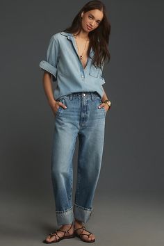 Find PILCRO The Lonnie Cuffed High-rise Crop Jeans on Editorialist. Denim, decoded: This fall, we're digging denim in every corner of our closet. Marked by a just-so slouch and cuffed hem, the top-rated Lonnie Jeans are perfectly relaxed from hip through hem. The Lonnie Cuffed High-Rise Crop Jeans by Pilcro in Blue, Women's, Size: 25, Cotton Business Casual Wardrobe, Denim Outfit Men, Parisian Outfit, Denim Jeans Fashion, Casual Outerwear, Classy Casual Outfits, Jeans Outfit, Crop Jeans, Best Jeans