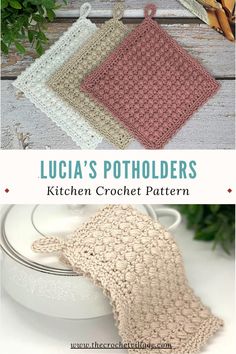 three crocheted potholders are sitting on a table with bananas in the background