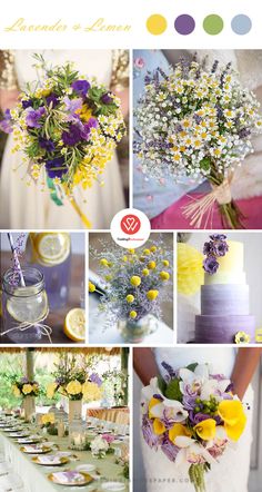 a collage of photos with different flowers and colors on them, including the bride's bouquet