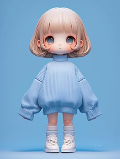 the doll is wearing a blue sweater and white shoes with her hands on her hips