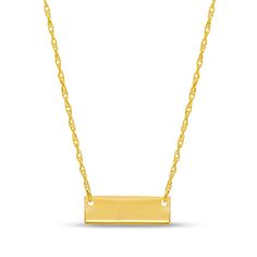 Simple and petite, this bar necklace in yellow gold is a charming look you can wear with everything. Crafted in 14K gold This choice features a dainty horizontal bar gleaming at the center of a rope chain. Great for layering with other necklaces, chains and pendants This 18.0-inch necklace adjusts to 16.0 inches and secures with a spring-ring clasp. 14k Yellow Gold Bar Necklace With Delicate Chain, Everyday 14k Gold Bar Necklace With Adjustable Chain, Minimalist Yellow Gold Bar Necklace With Cable Chain, Classic Gold Nameplate Bar Necklace, Minimalist Gold Nameplate Bar Necklace, Gold Bar Necklace With Nameplate For Everyday, Classic Gold Bar Necklace With Delicate Chain, 14k Gold Bar Necklace With Adjustable Chain, 14k Gold Bar Necklace With Cable Chain As Gift