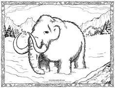 an elephant with a long tusk standing in front of mountains and trees, coloring book page