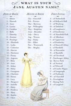 the names of jane austen name are shown in this illustration, which includes an image of two women sitting on a bench