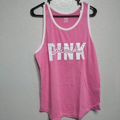 Nwt Pink Victoria's Secret Racerback Logo Tank Top White Lettering And Piping T1 Tropical Tank Top, Pink Tube Top, Pink Workout, Tank Top White, Sequin Tank, Sequin Tank Tops, Gray Tank, Pink Tank, Pink Tank Top