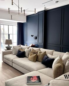 a living room filled with furniture and blue walls