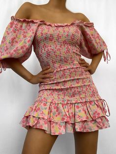 Floral Bardot pink ruffle dress Mini Dress Floral, Western Outfits Women, 21st Dresses, Something About You, Maxi Shirt Dress, Pink Floral Print, Pink Ruffle, White Dress Summer, Long Sleeve Floral Dress