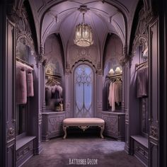 an ornately decorated dressing room with purple walls