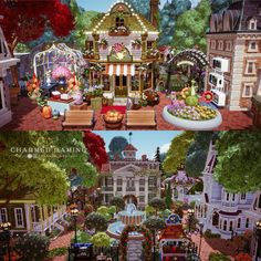 two pictures of the same house in different stages of being decorated with flowers and plants