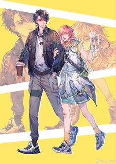 two people standing next to each other in front of a yellow background with anime characters