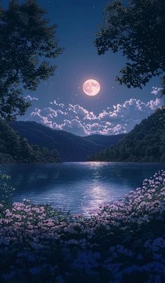 the full moon shines brightly in the night sky over a lake with wildflowers