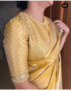 Necklines For Blouses Indian, Simple Blouse Designs For Lengha, Yellow Maggam Blouse, Blouse Designs For Benarasi Saree, Blouse Designs For Brocade Blouse, Sari Work Blouse Designs, Banarasi Blouse Work Designs, Border Design For Blouse, Brocade Blouse Work Designs