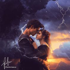 a man and woman standing in front of a storm with lightning coming from behind them