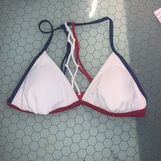 Fourth Of July Bikini Top Never Worn Fits More Like A Medium White Triangle Halter Top For Beachwear, White Triangle Halter Top For Pool, Red Triangle Halter Top Bra Friendly, Red Triangle Halter Top With Bra-friendly Design, White Triangle Halter Top For Poolside, White Summer Halter Top With T-back, White T-back Halter Top For Summer, Red Bra Friendly Halter Top, White Bra-friendly Halter Top For Beachwear